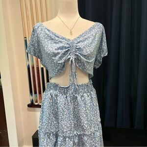 Blue Floral Ruched Crop Top and Ruffled Skirt Set